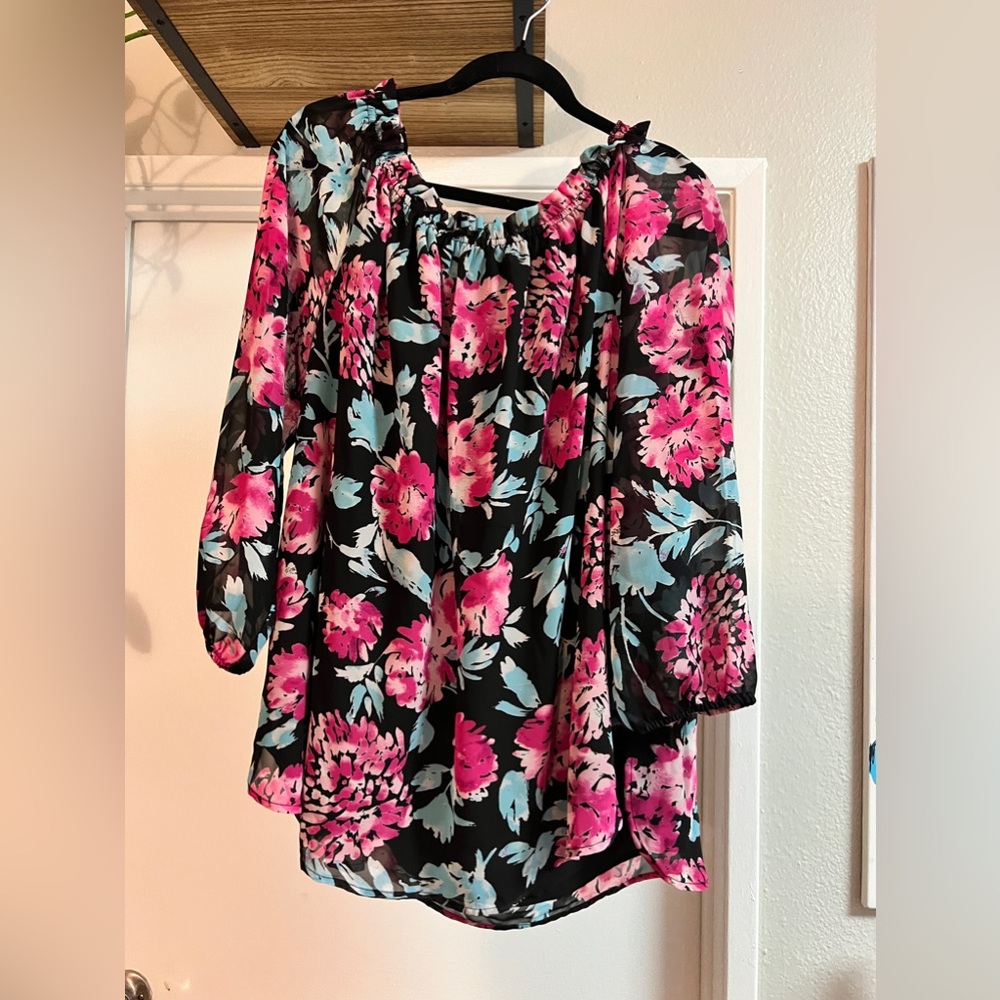 NWT Nine West 3/4 Length Flowy Off Shoulder Boat Neck Floral Top XL